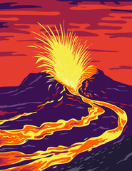 Hawaii Volcanoes National Park with active KIlauea volcano United States WPA Poster Art Color © Redwater Vectors