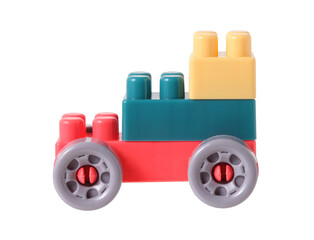 Small train from plastic blocks on white background
