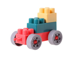 Fototapeta premium Small train from plastic blocks on white background