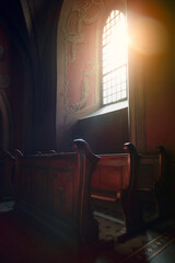 Close-up of chairs in a church in the city of Lviv. Ukraine