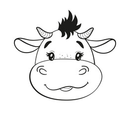 Cute cartoon baby bull, line drawing. Bull cub head, symbol of 2021, clip-art with animal on white background. Stock vector illustration. Happy New Year 2021 of the Ox, Taurus