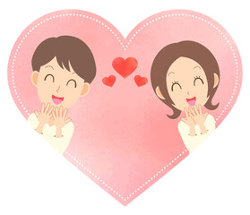 仲良しな若い男女とハートフレーム【ベクターイラスト素材】　