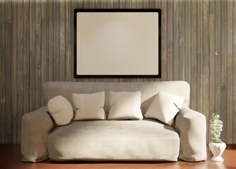 An empty frame on a wall above the couch. Poster template for picture and lettering. 3D rendering.