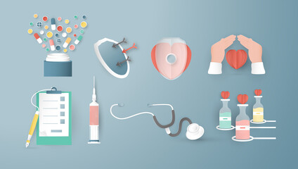 Decoration elements for health insurance. Art Craft in 3D paper cut style.