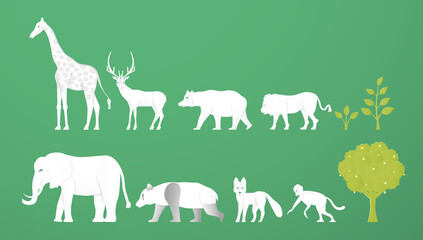 Wildlife animals. Minimalism deign in paper cut and craft style. Art digitalcraft for world environment day.