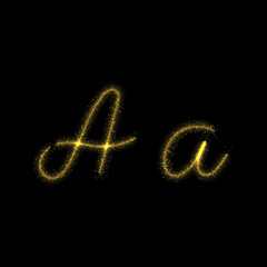 Gold glitter letter A, star sparkle trail font