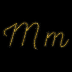 Gold glitter letter M, star sparkle trail font