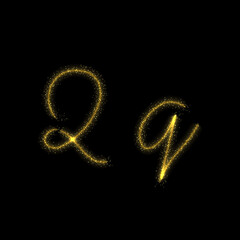 Gold glitter letter Q, star sparkle trail font