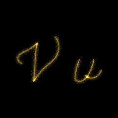 Gold glitter letter V, star sparkle trail font