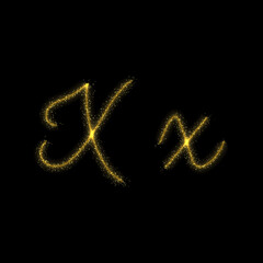 Gold glitter letter X, star sparkle trail font