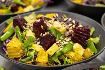 Preparation of fresh salads in a professional kitchen