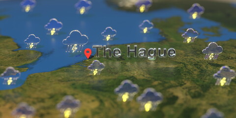 Stormy weather icons near The Hague city on the map, weather forecast related 3D rendering