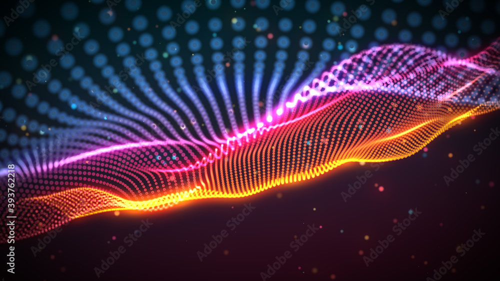 Poster abstract sweet colors glowing dot particles array wave form flowing digital technology with glitter 