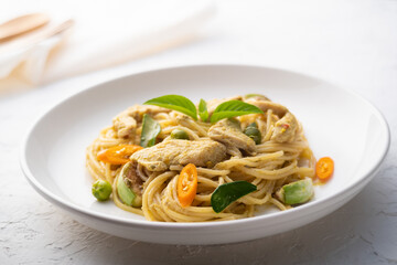 Spaghetti chicken with Green Curry Sauce , Thai Food ,Spaghetti Khiao Waan Gai