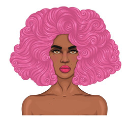 Vector portrait African woman with lush curly hairstyle. Pink wavy hair.  Fashionable model with clean healthy skin. Close-up Attractive girl with bare shoulders. Design Fashion illustration 