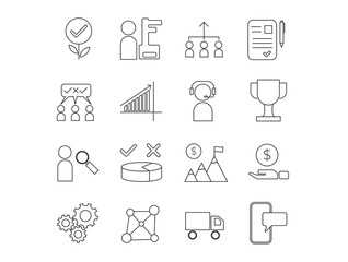 Business and Corporate Grooming Icon Set Vector Templates indicating idea, investment, recruitment, support, achievement, advertizing and others. Line Style Icon Package