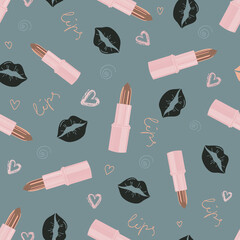 Glamorous fashion seamless pattern with gold lipstick and kisses. Cosmetic seamless pattern in modern trendy colors. Design for beauty, advertising, Valentine's Day. Vector