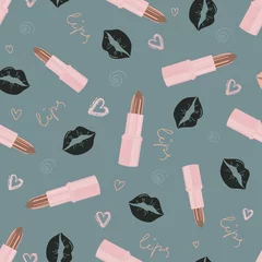 Wallpaper murals Glamour style Glamorous fashion seamless pattern with gold lipstick and kisses. Cosmetic seamless pattern in modern trendy colors. Design for beauty, advertising, Valentine's Day. Vector