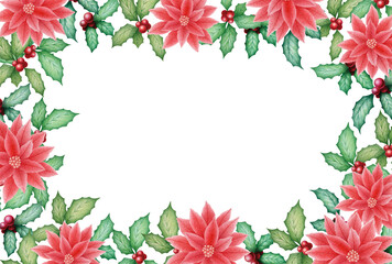 Merry Christmas illustration with watercolor hand drawn holly and poinsettia frame isolated on white background. Christmas decoration design for invitation, posters, greeting card