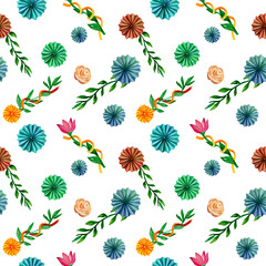 Seamless watercolor pattern with paper colored fans and flowers