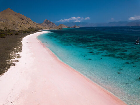 Pink Beach in Padar Island Komodo National park, Indonesia drone view 