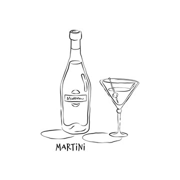 Bottle and glass martini in hand drawn style. Restaurant illustration for celebration design. Retro sketch. Line art. Design element. Beverage outline icon. Isolated on white background