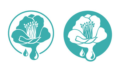 Camelia Japonica extract - Tsubaki oil icon - flat monochrome stamp with wlower and drop - useful and healthy ingredient for anti-age cosmetics