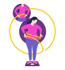 Weight loss concept - fat overweight woman stands with measuring tape on body scales and thinking about slimming - vector fitness or diet program illustration