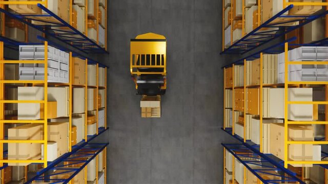 Warehouse with cardboard boxes inside on pallets racks, logistic center. Loft modern warehouse. Cardboard boxes on a conveyor belt in a warehouse, 4K 3D rendering  animation .
