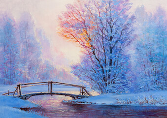 White bridge over the river, winter landscape. Painting: canvas, oil. - 393771042