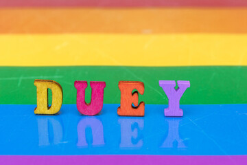 word of multicolored letters duey which means two against background LGBT flag