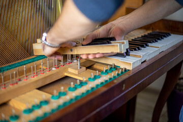 string wooden piano keys on pins, piano tuning, tuner, musical.