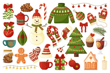 Obraz na płótnie Canvas Christmas collection with seasonal elements. Modern design for Holidays invitation card, poster, banner, postcard, print. Vector illustration.