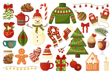 Christmas collection with seasonal elements. Modern design for Holidays invitation card, poster, banner, postcard, print. Vector illustration.