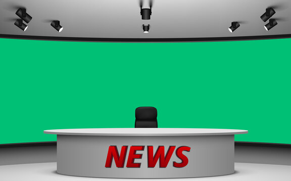 White Table And Chair In News Studio Room With The Green Background