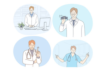 Doctor, medicine, healthcare, therapist, medicare, clinic concept. Young smiling men doctors in white uniform cartoon characters consulting patients, having idea, enjoying work, showing equipment