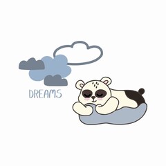 Cute panda on a cloud. Colorful childrens illustration, poster, print. Vector. Isolated on white background