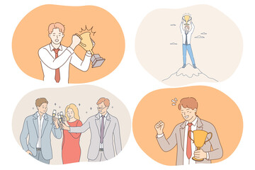 Success, agreement, business, celebration, leadership, teamwork concept. Happy young business people holding golden trophy, celebrating successful project, feeling champion and leaders 