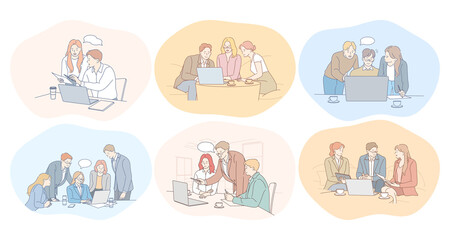 Negotiations, teamwork, brainstorming, collaboration, business, development, success concept. Young business people partners coworkers cartoon characters discussing projects in office together