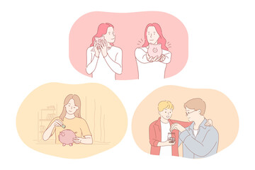 Saving money, piggybank, finance, investment concept. Young people cartoon character putting coins and cash to piggybank or glass jar for savings. Collect money, business, budget, earnings, income