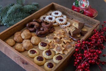 Traditional home made German Christmas Cookies on a festive table