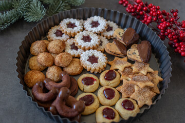 Traditional home made German Christmas Cookies on a festive table