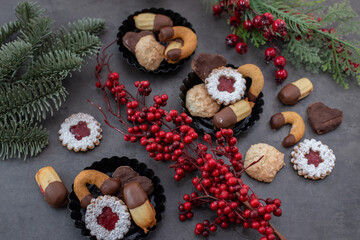 Traditional home made German Christmas Cookies on a festive table