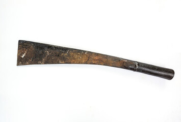 A rusty knife with a white backdrop.