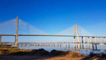 The Vasco da Gama Bridge in Lisbon, Portugal. It is the longest bridge in Europe