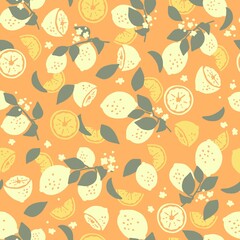 Cute Abstract Summer Citrus Lemon Tree Branch Vector Illustration Seamless Pattern