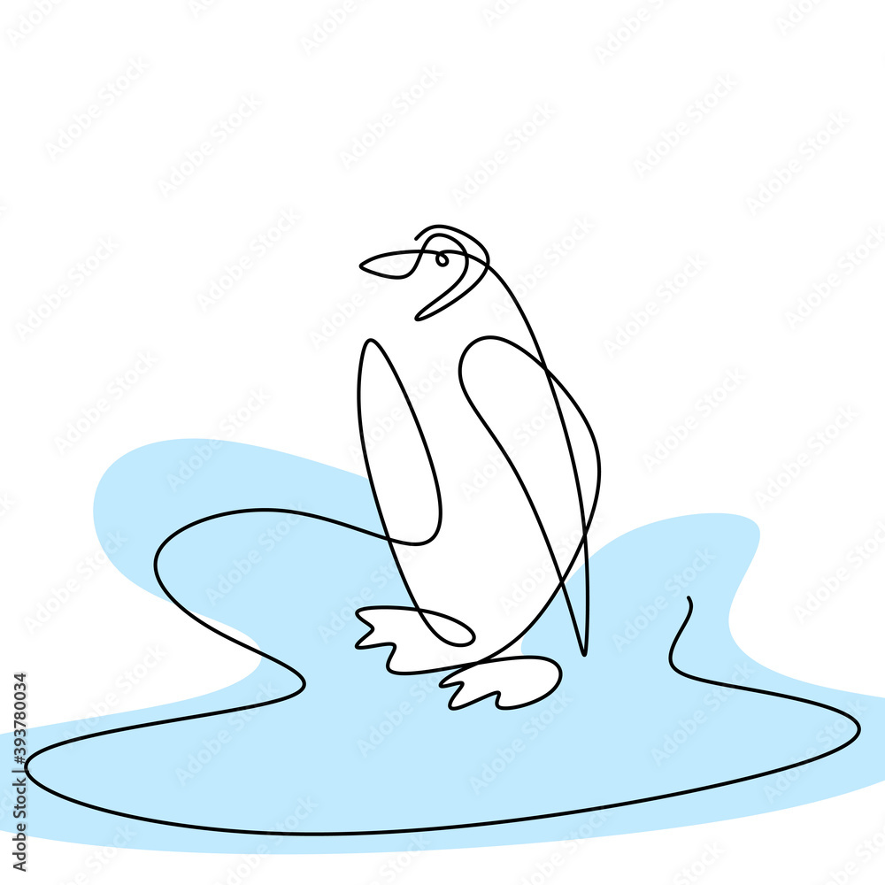 Poster penguin continuous one line vector drawing. a penguin is standing in the ice isolated on white backg