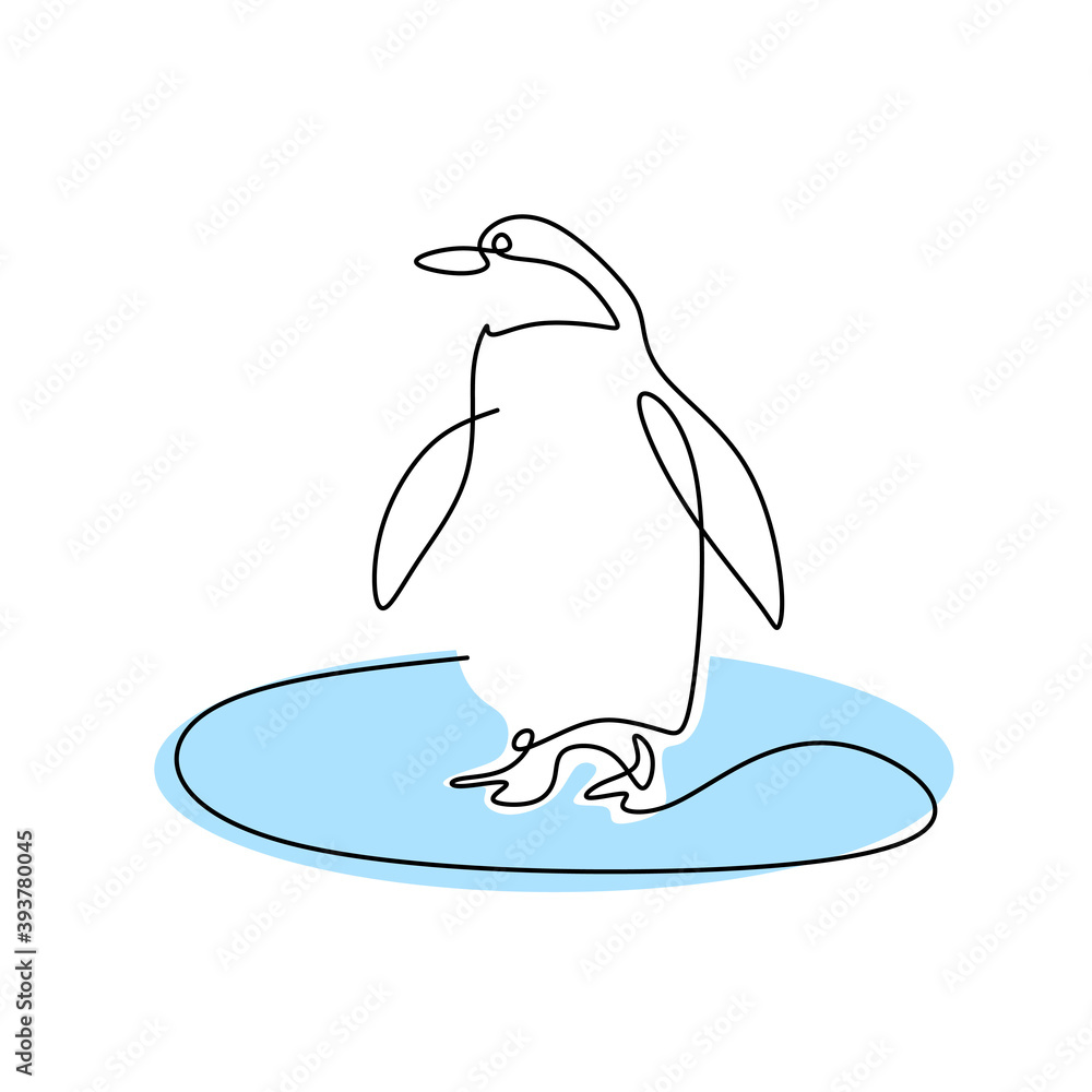 Poster penguin continuous one line vector drawing. a penguin is standing in the ice isolated on white backg