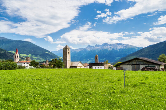 Val Venosta, Vinschgau, Alto Adige, Italy. View over Mals in South Tyrol