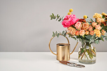 Bouquet 011. Finished flower arrangement in a vase for home. Flowers bunch, set for interior. Fresh cut flowers for decoration home. European floral shop. Delivery fresh cut flower.